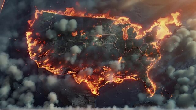Map of the United States in flames, representing the internal crisis, altercations, protests, and the threat of impeachment and an American civil war. Chaos and disorder in the USA.