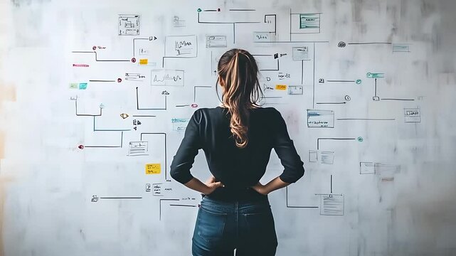 Woman analyzing a complex flowchart on a wall, deep in thought about project planning