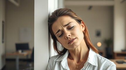 Tired woman leaning against wall in business center during weekend
