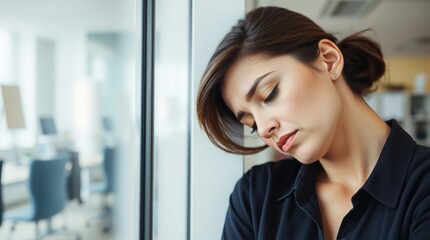 Tired businesswoman standing in empty office with head down in dark shirt