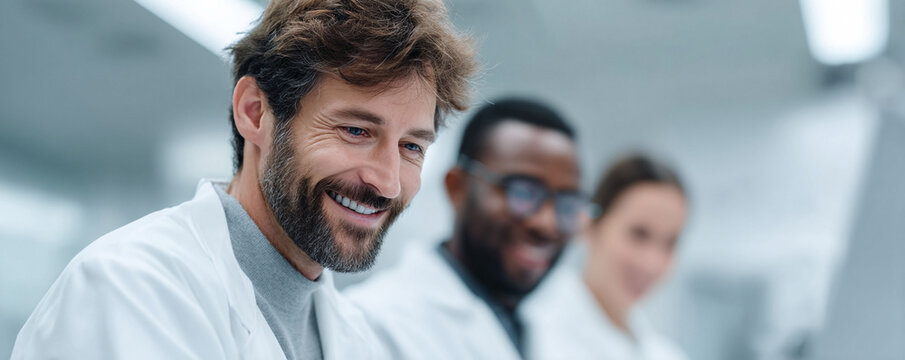 Diverse team of scientists working collaboratively in a modern lab. Focus on innovation, research, and healthcare. Perfect for medical, tech, or science concepts.