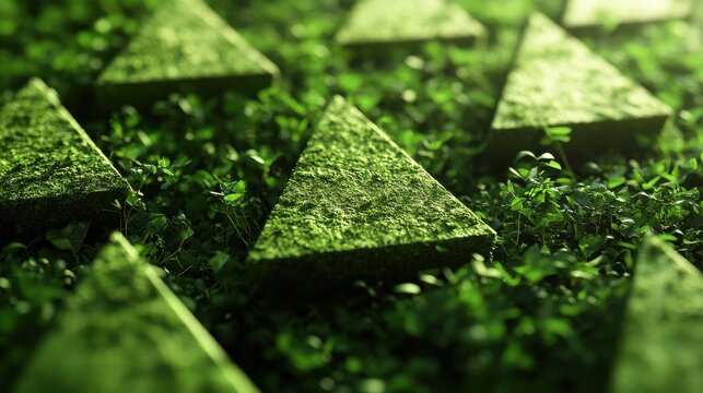 Green Triangles in Lush Greenery Abstract 3D Render