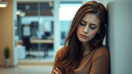 Young woman in brown sweater standing alone tired at work in empty office during weekend