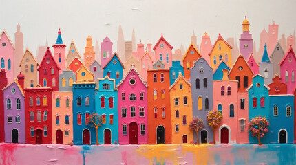 Obraz premium Children's illustration of colorful houses in playful, vibrant acrylic painting style