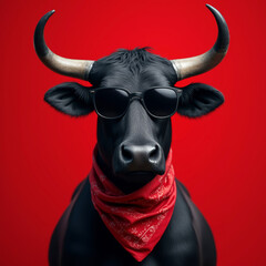 black bull with horns and sunglasses