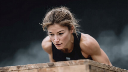 Focused athlete. Woman with determined gaze doing box jumps. Power, intensity, and grit.  Perfect for health, fitness, determination, or overcoming obstacles.