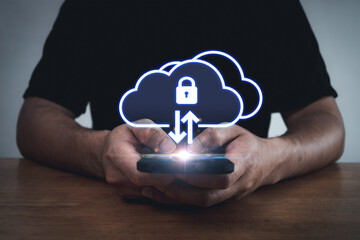 people hand using data protection application on mobile smartphone, backup storage management, anti virus, firewall, data protection, internet network technology, cloud storage technology concept