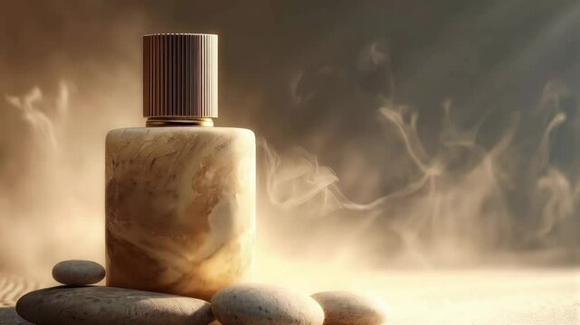Elegant perfume bottle arranged with smooth stones in warm light showcasing a calming atmosphere and inviting fragrance