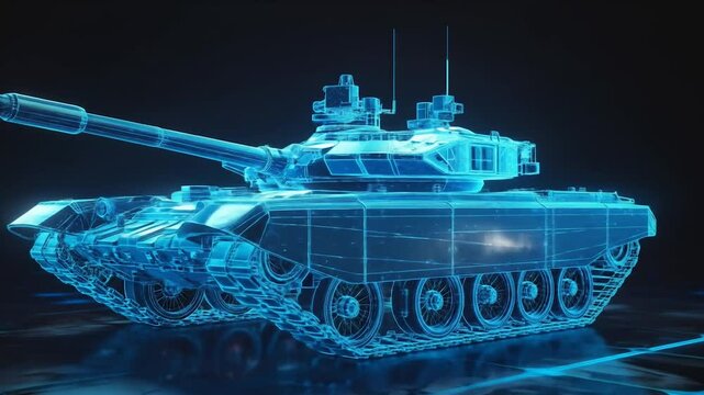 Futuristic 3D rendering of a tank blueprint, glowing neon, high-tech, digital design, showcasing advanced military technology with intricate details and cyber aesthetic