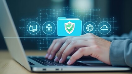 Hands typing on a laptop with a digital security folder overlay.