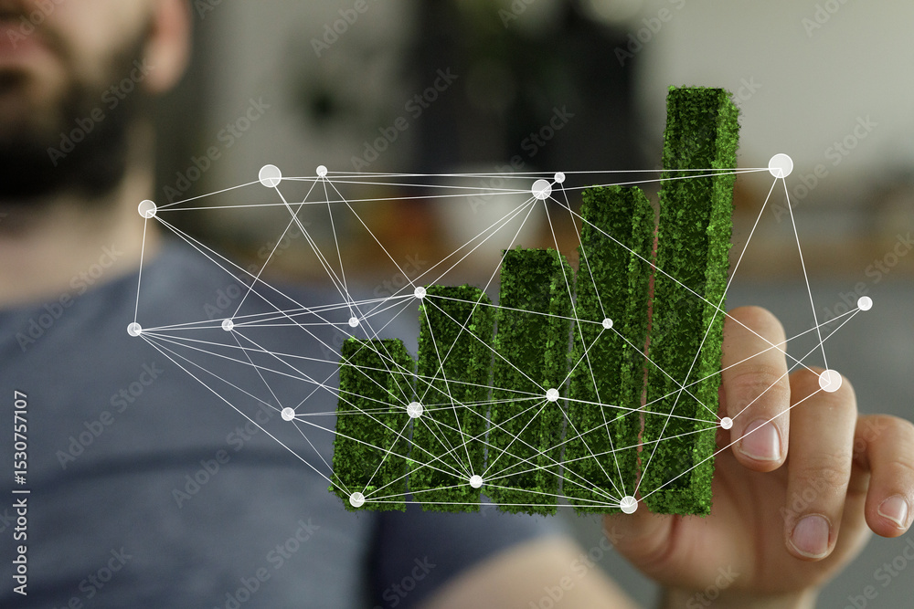 Poster Eco-friendly business growth visualized. Network graph shows sustainable development and progress.