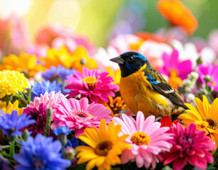A vividly colored parrot perches gracefully among a dense arrangement of blooming flowers, creating a striking contrast between the vibrant feathers and the multicolored petals surrounding it.