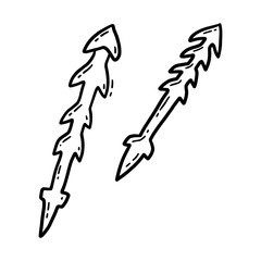 Vector linear hand drawn icon of two primitive barbed spears in doodle style.