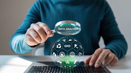 A person examines a holographic data analysis globe.