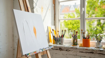 Obraz premium Bright art studio featuring easel with blank canvas, surrounded by paintbrushes and natural light streaming in