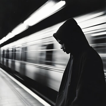 A hooded figure stands on a subway platform, a blurred train speeding past. The monochrome image emphasizes solitude and anonymity.