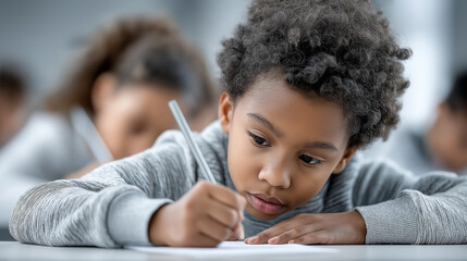 Focused Afro-American boy writing in notebook during classroom lesson. Perfect for educational materials, school projects, tutoring, and childhood development visuals.