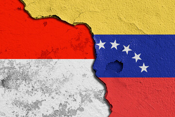 Cracked Wall Featuring Combined Flags of Venezuela and Indonesia. Image depicting a cracked wall...