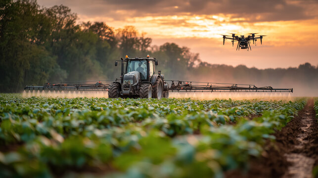 Modern tractor spraying crops in soybean field at golden hour with drone hovering nearby. Perfect for agriculture tech, smart farming, or sustainable food production visuals.