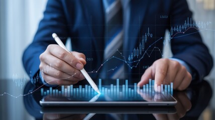Businessperson interacting with financial data on a tablet.