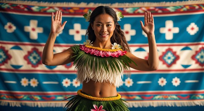 Female hula dancer with raised hands standing before tapa cloth backdrop Hawaiian culture concept