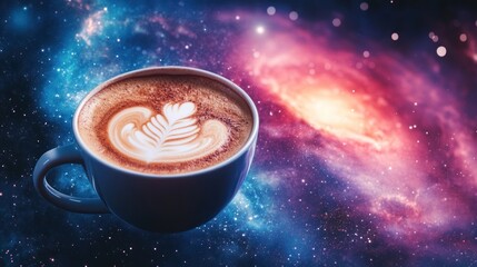 A cup of cappuccino floats amidst a vibrant galaxy