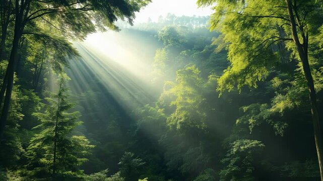 Morning light breaks through dense foliage, casting enchanting rays onto the forest floor, revealing vibrant greens and a peaceful atmosphere. Nature awakens with whispers of wind.