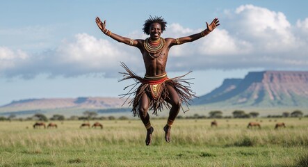 Male dancer jumping high in tribal attire with grassland background  Maasai culture concept