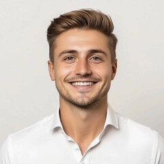 Fototapeta premium Headshot portrait of a friendly and confident young man with light brown hair, a short beard, and a warm smile, wearing a white collared shirt against a clean background