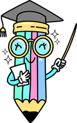 Retro Groovy Cartoon Pencil Teacher with Graduation Cap Illustration