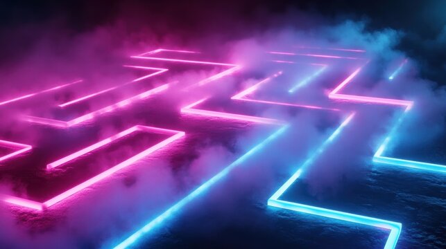 Neon maze with pink and blue light, foggy background