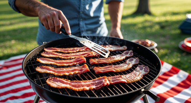 Man grilling back bacon at park picnic with red and white theme  Canadian barbecue culture concept