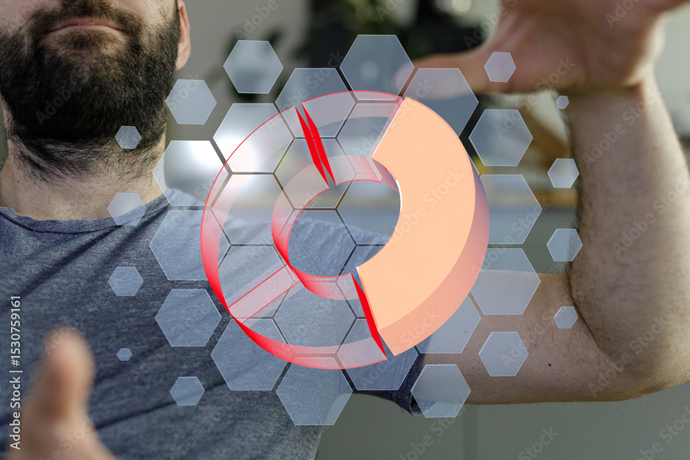 Poster Stock photo of a man using a digital interface showing a pie chart.  Perfect for technology, data, and analytics concepts.
