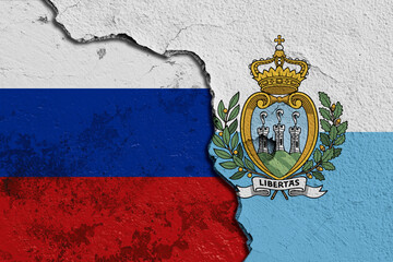 Cracked Wall Featuring Combined Flags of San Marino and Russia. Image depicting a cracked wall...