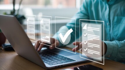 Person working on a laptop with digital checklist overlays.