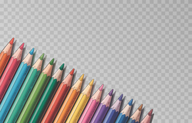 Colorful crayon colored pencil set png. Back to school concept with colorful crayons on isolated transparent background. Vector multicolored pencils illustration.