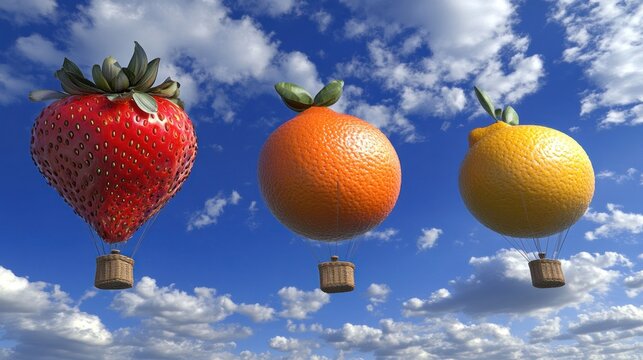 Fruit hot air balloons float in a blue sky