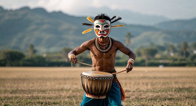 Man performing drum dance in open field with handmade mask  Luhya culture concept