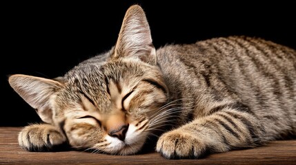 Relaxed tabby cat sleeping peacefully on a wooden surface with a dark background