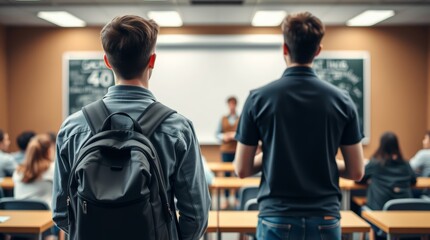 The student guy was late for class, entering the classroom during the response of another student on the right