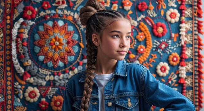 Teen girl with braided hair posing near Matyo embroidery wall tapestry background