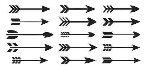 Set of black silhouette arrows with varied head and tail shapes, vector illustration.