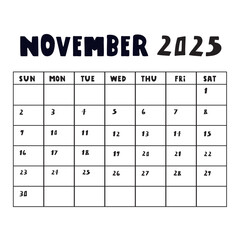 November 2025. Calendar. Hand drawn vector design on white background.