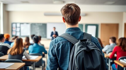 A student gives an explanation to the teacher at the front of the class because he was late for class and did not do his homework.