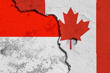 Cracked Wall Featuring Combined Flags of Canada and Indonesia. Image depicting a cracked wall...