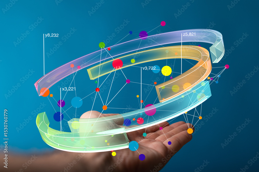 Aufkleber Abstract image of a hand holding a colorful 3D data network visualization. Perfect for technology, innovation, and connection concepts.