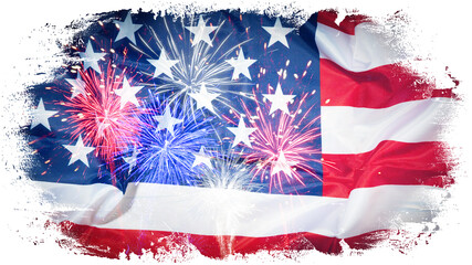 USA america united states new year or Independence Day celebration holiday background greeting card - American flag, Blue red white firework on dark night sky.