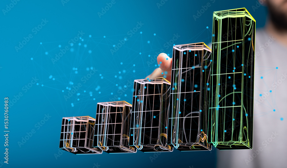 Poster Hand interacts with a 3D bar graph showing upward trend, representing data analysis and business growth.