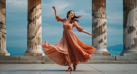 Young woman dancing in flowing dress near Doric column background