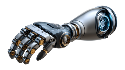 Robotic arm with metallic joints in motion, futuristic industrial design